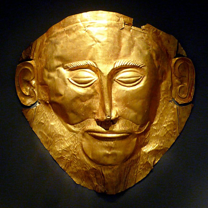 Death mask, known as the Mask of Agamemnon, Grave Circle A, Mycenae, 16th century BC, probably the most famous artifact of Mycenaean Greece.