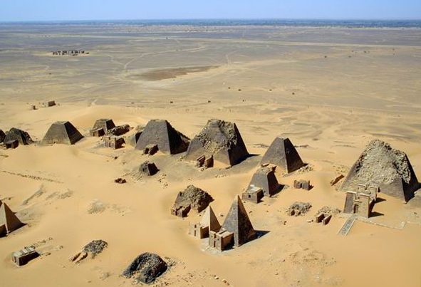 Aerial view of the Nubian Pyramids near Meroe from 2001.