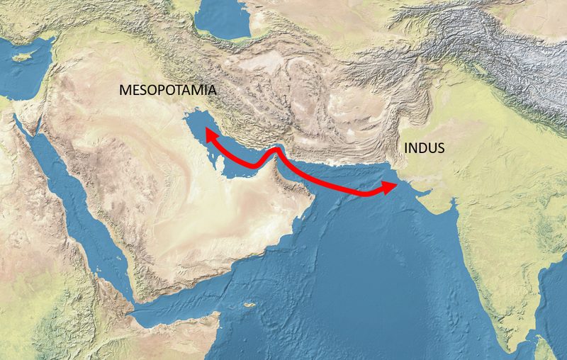 Trade routes between Mesopotamia and the Indus would.
