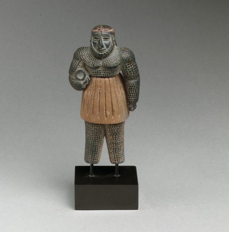 Monstrous male figure, late 3rd–early 2nd millennium BCE, chlorite, calcite, gold and iron.