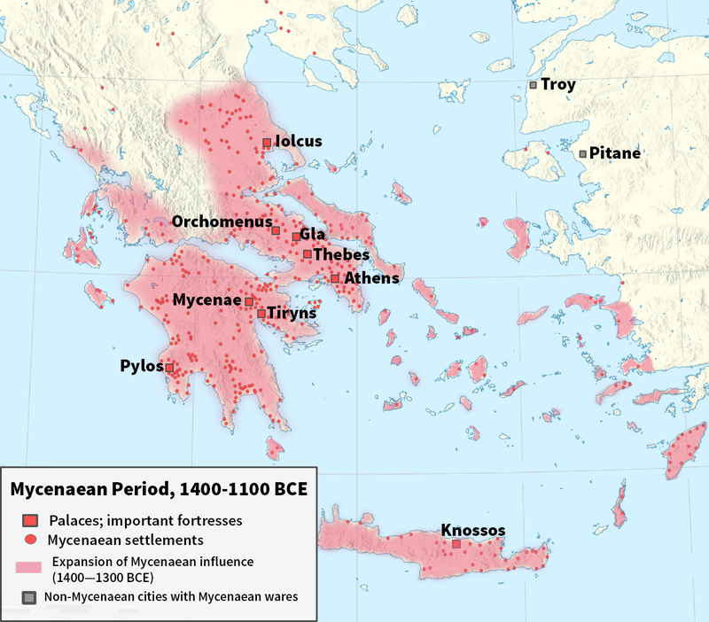 Map of Mycenaean Greece 1400-1200 BCE. Palaces, main cities and other settlements are indicated.