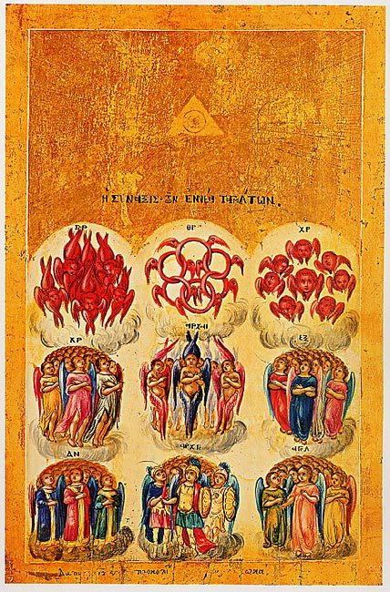 Christian angelology: The nine choirs of angels on a Greek icon, 18th century.