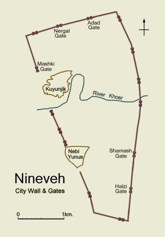 Simplified representation of the city wall with the gates. The Kujundschik and Nebi Jenus excavation mounds can also be seen.