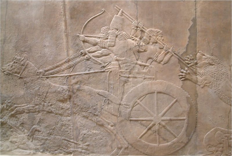 Relief of Ashurbanipal hunting a Mesopotamian lion, from the Northern Palace in Nineveh, 645-635 BCE.