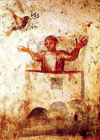 An early Christian depiction showing Noah giving the gesture of orant as the dove returns.