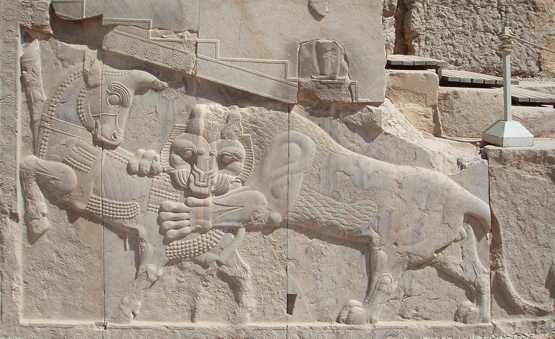 An ancient relief at Persepolis for Nowruz: eternal combat between the bull, representing the Moon, and the lion, representing the Sun and spring.