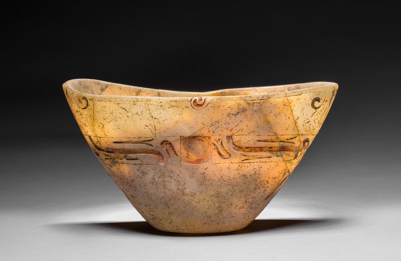 Carved travertine vessel with an incised pattern, 12th–3rd century BCE.