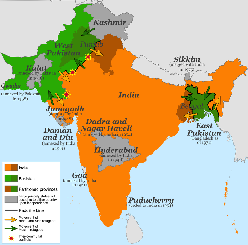 The partition of India: green regions were all part of Pakistan by 1948, and orange ones part of India. The darker-shaded regions represent the Punjab and Bengal provinces partitioned by the Radcliffe Line. The grey areas represent some of the key princely states that were eventually integrated into India or Pakistan.
