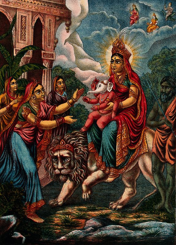 A goddess probably Parvati as Durga riding on a lion presenting an infant Ganesha to her mother Menaka. Chromolithograph.