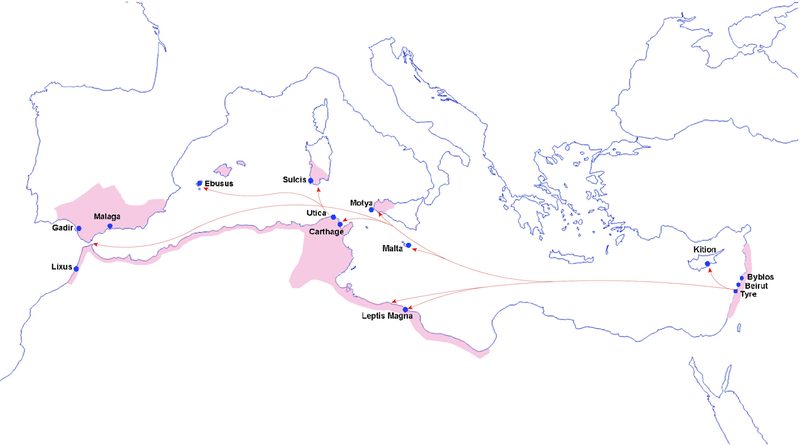 Phoenician settlements and trade routes across the Mediterranean starting from around 800 BC.