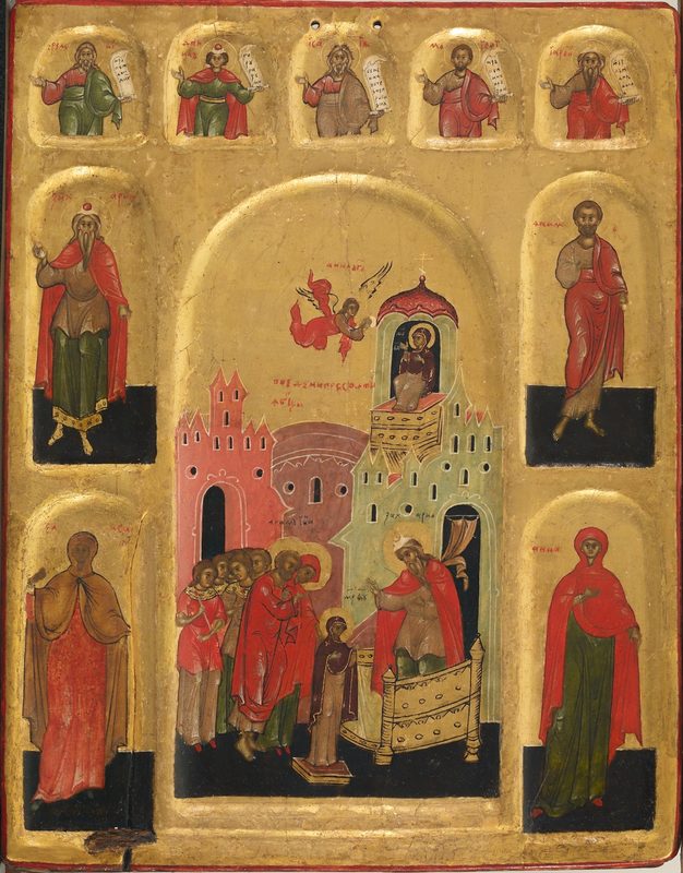 The Presentation of the Virgin in the Temple, an event that only appears in the Gospel of James, depicted on a Russian icon.