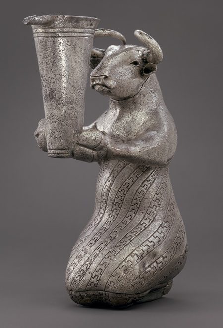Kneeling Bull with Vessel. Kneeling bull holding a spouted vessel, Proto-Elamite period, (3100–2900 BCE).