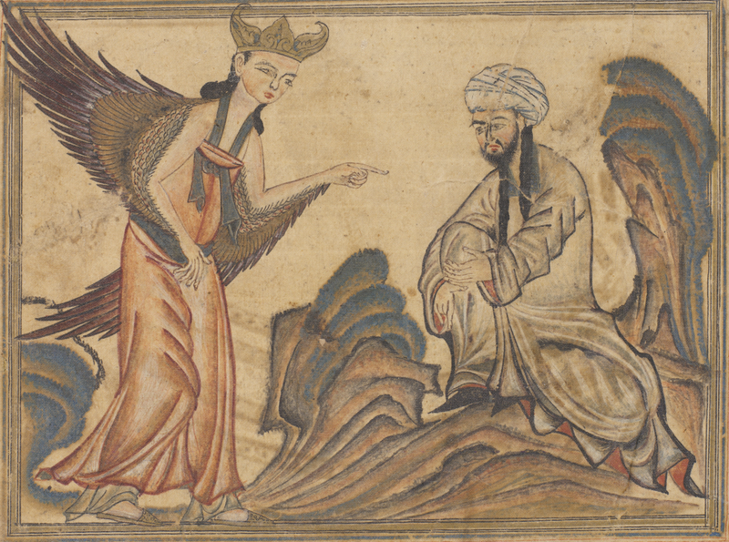 A depiction of Muhammad receiving his first revelation from the Angel Jibril (Gabriel).