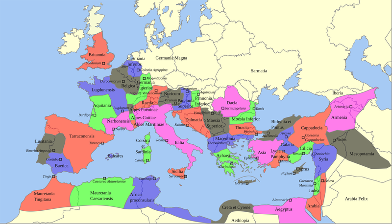 The Roman Empire and its provinces at the time of its greatest expansion under Emperor Trajan in the years 115-117.