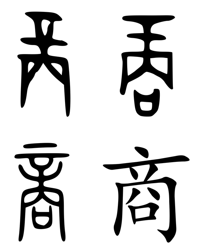 'Shang' in oracle bone script (top left), bronze script (top right), seal script (bottom left), and regular script (bottom right) forms.