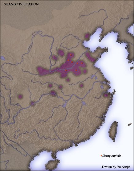 Locations of the Shang dynasty (1600-1046 BC)  marked in violet, with Shang capitals in marked by red dots.