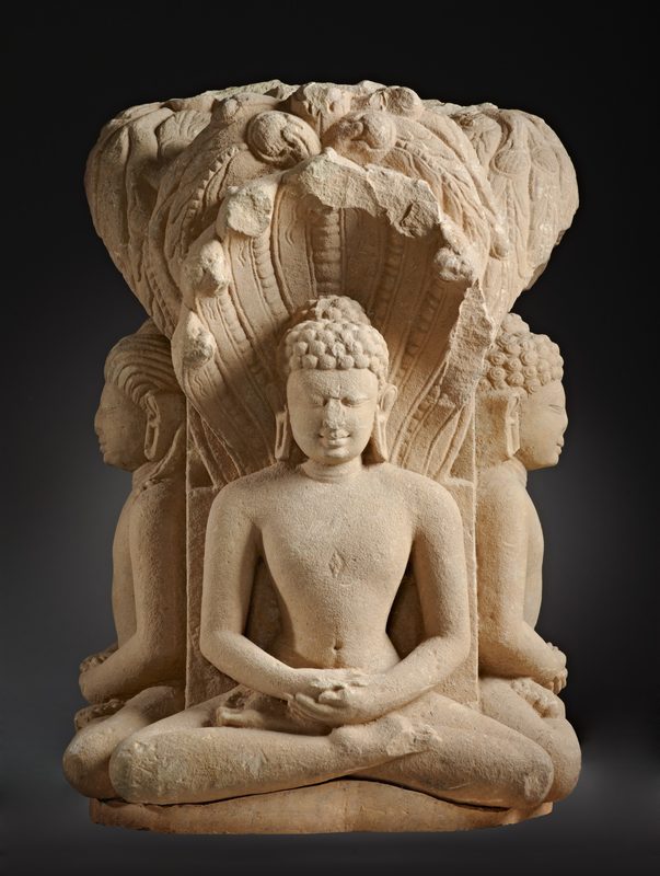 A statue of Parshvanatha, the 23rd of 24 Tirthankaras (Ford-Maker of Dharma) of Jainism., sandstone, ca. 600 CE, Uttar Pradesh, India.