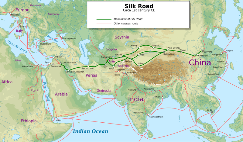 The network of the ancient Silk Road and connected trade routes in the 1st century CE.
