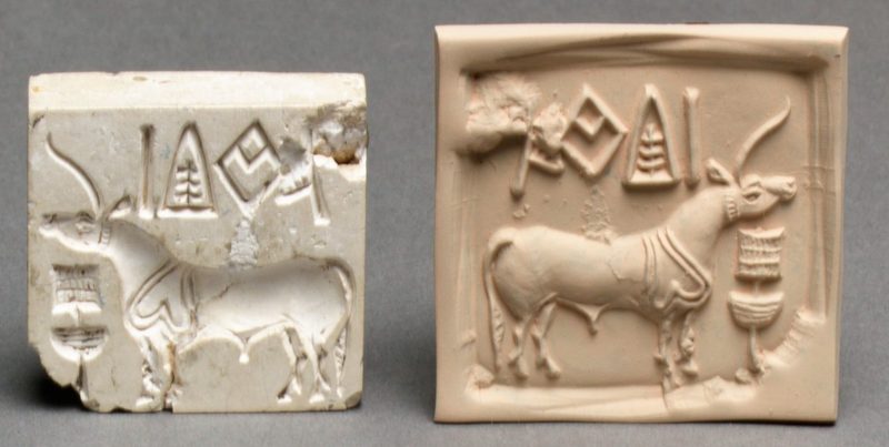 Example of the Indus script: Stamp seal and modern impression: unicorn and incense burner (?); 2600–1900 BC; burnt steatite.