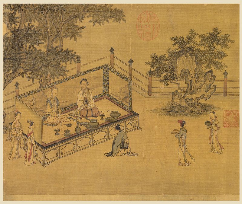 Scene from Illustrations of the Classic of Filial Piety (detail), depicting a son kneeling before his parents.