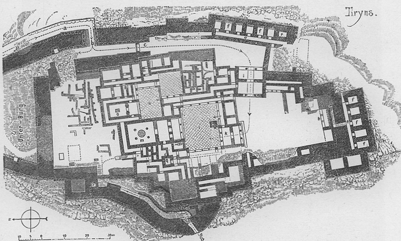 Example of a palace floor plan: Tiryns, map of the palace and the surrounding fortification.