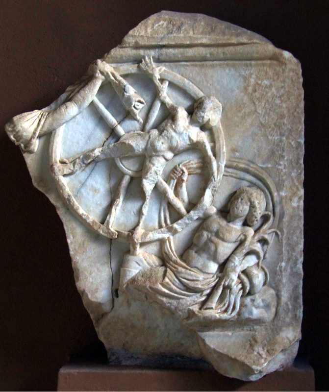 Marble relief from the first or second century showing the mythical transgressor Ixion being tortured on a spinning fiery wheel in Tartarus. Epicurus taught that stories of such punishment in the afterlife are ridiculous superstitions and that believing in them prevents people from attaining ataraxia.