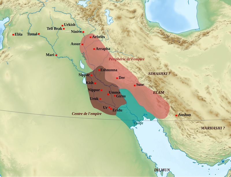 Approximate extension of the empire of the Third Dynasty of Ur (2112-2004 BC according to the middle chronology), with the center/periphery organization of Shulgi's reign (2093-2047 BC).