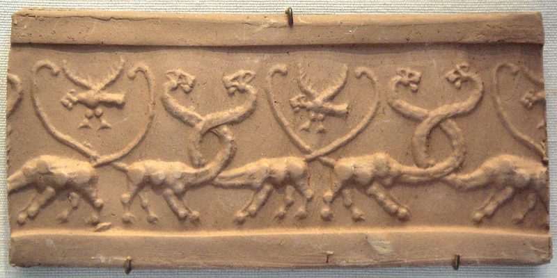 Clay impression of a cylinder seal with monstrous lions and lion-headed eagles, Mesopotamia, Uruk Period (4100 BC–3000 BCE).