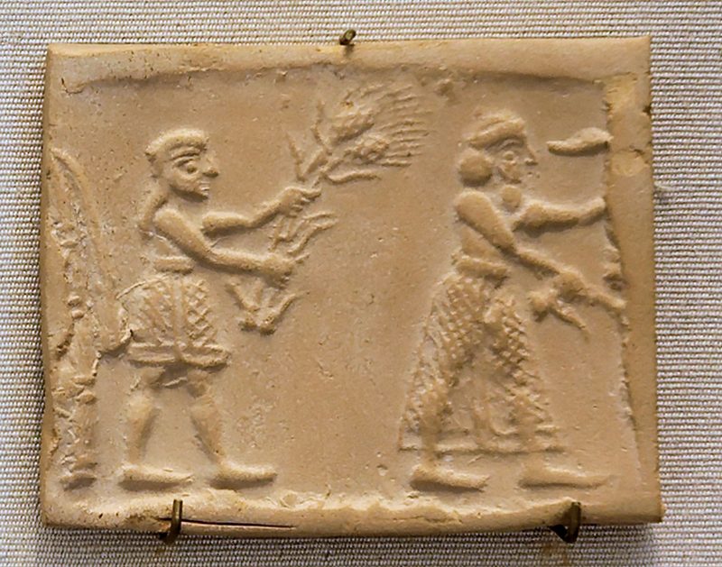 Cylinder seal of the Uruk period and its impression, c. 3100 BCE, showing agricultural scenes.