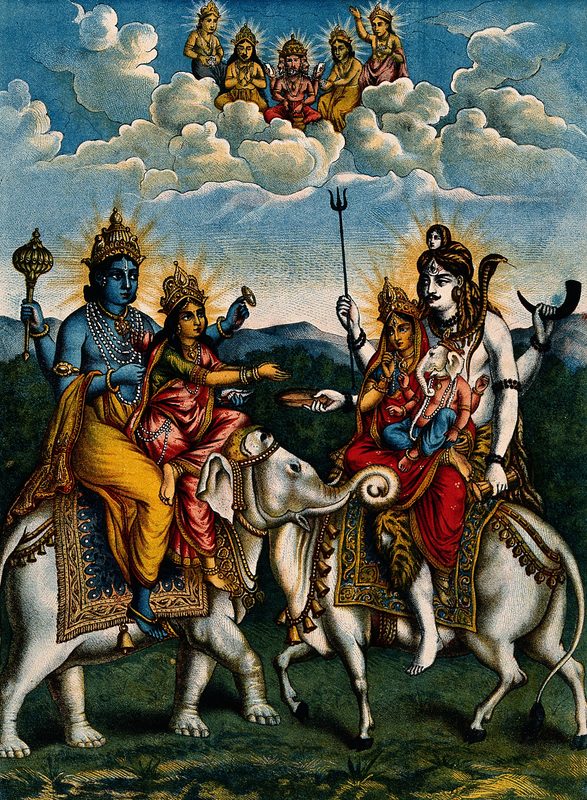 The Hindu deities Vishnu, Lakshmi, Shiva, Parvati and Ganesha. These deities have distinct and complex personalities, yet are often viewed as aspects of and are worshipped as incarnations of the same Ultimate Reality called Brahman.