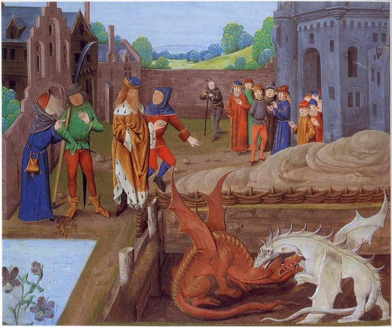 15th-century manuscript illustration of the battle of the Red and White Dragons.
