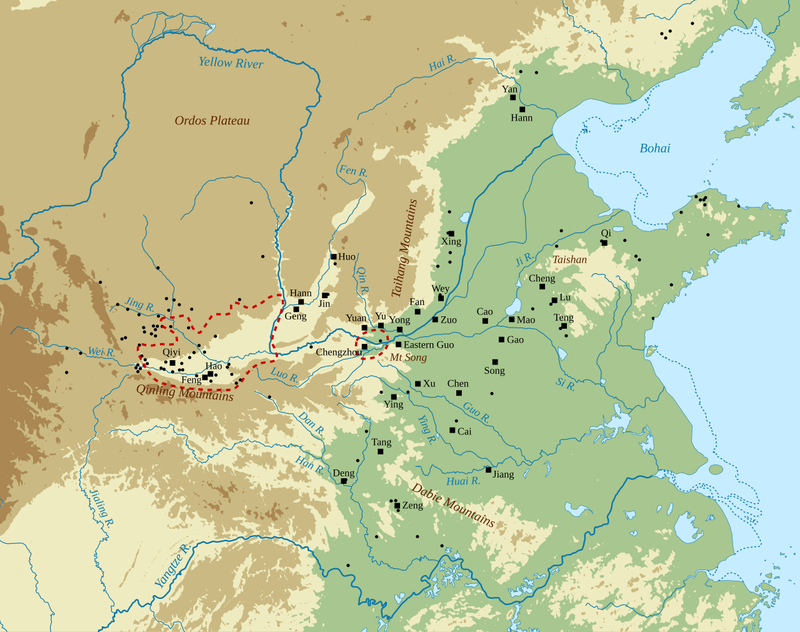 Western Zhou royal domain (dashed outline), capitals and colonies (black squares) and archaeological sites.