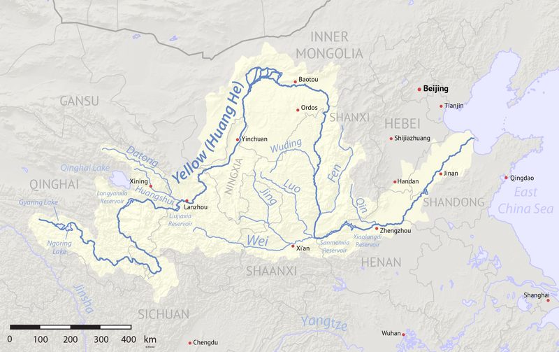 Map of the Yellow River, whose watershed covers most of northern China and drains to the Yellow Sea.