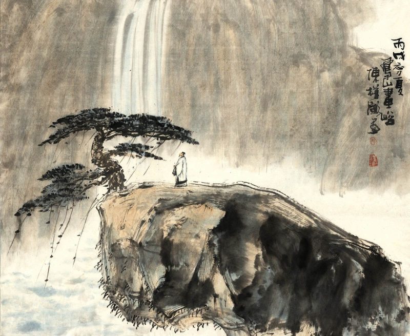 Zhuang Zhou in front of a waterfall. The natural downward flow of water is a common metaphor for naturalness in Daoism.