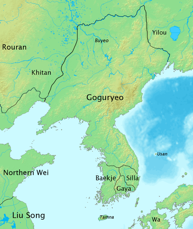 Map of the Three Kingdoms of Korea—Goguryeo, Baekje, and Silla—in the 5th century CE, at the height of Goguryeo's territorial expansion.