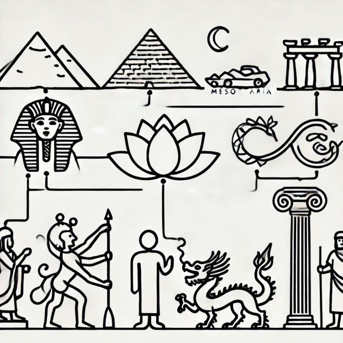 Multicultural interconnections and independent developments in early civilizations, interpreted by DALL•E.