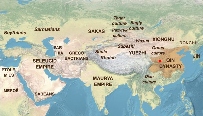 The Qin state and main polities in 221 BC, with the capital Xianyang (red dot).