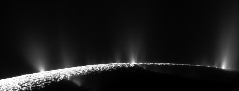 A panorama of Enceladus's plumes taken by the Cassini spacecraft.