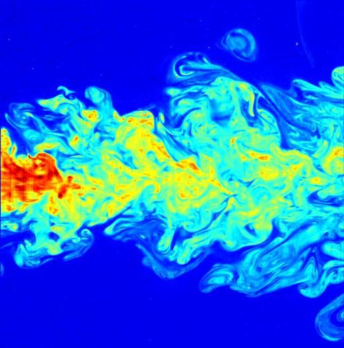 Flow visualization of a turbulent jet, made by laser-induced fluorescence.