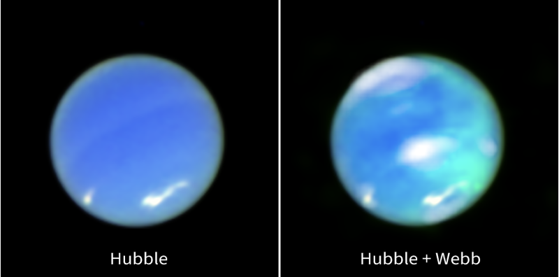 An image of Neptune created by combining images from the Hubble Telescope's enhanced visible light camera and the James Webb Space Telescope Near Infrared camera (NIR Cam): Neptune hidden aurorae is unveiled for the first time.