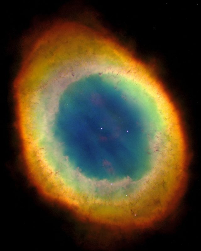 The planetary nebula Messier 57, also known as the Ring Nebula, in the constellation Lyra (NGC 6720, GC 4447).