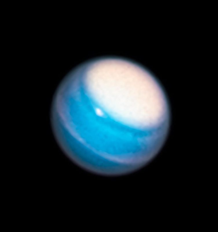 Uranus's upper atmosphere imaged by HST during the Outer Planet Atmosphere Legacy (OPAL) observing program.