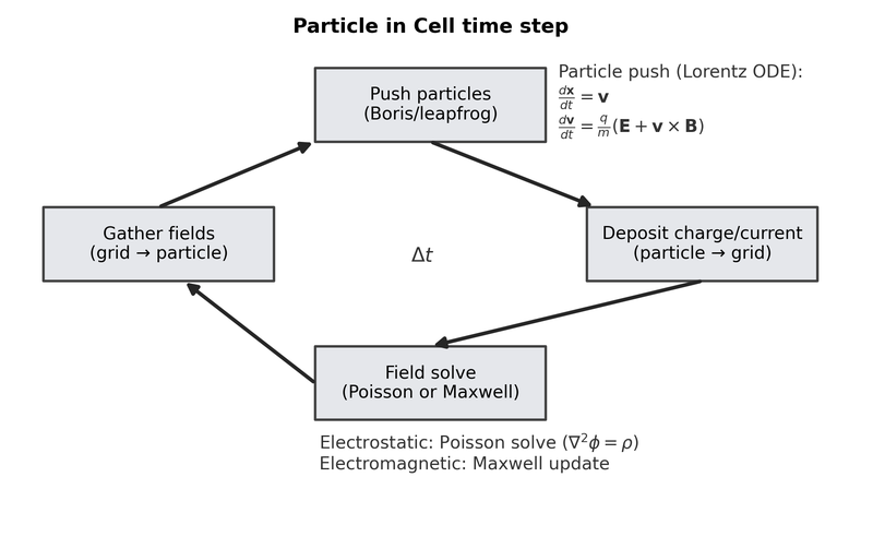 Particle-in-Cell time step and algorithmic loop.