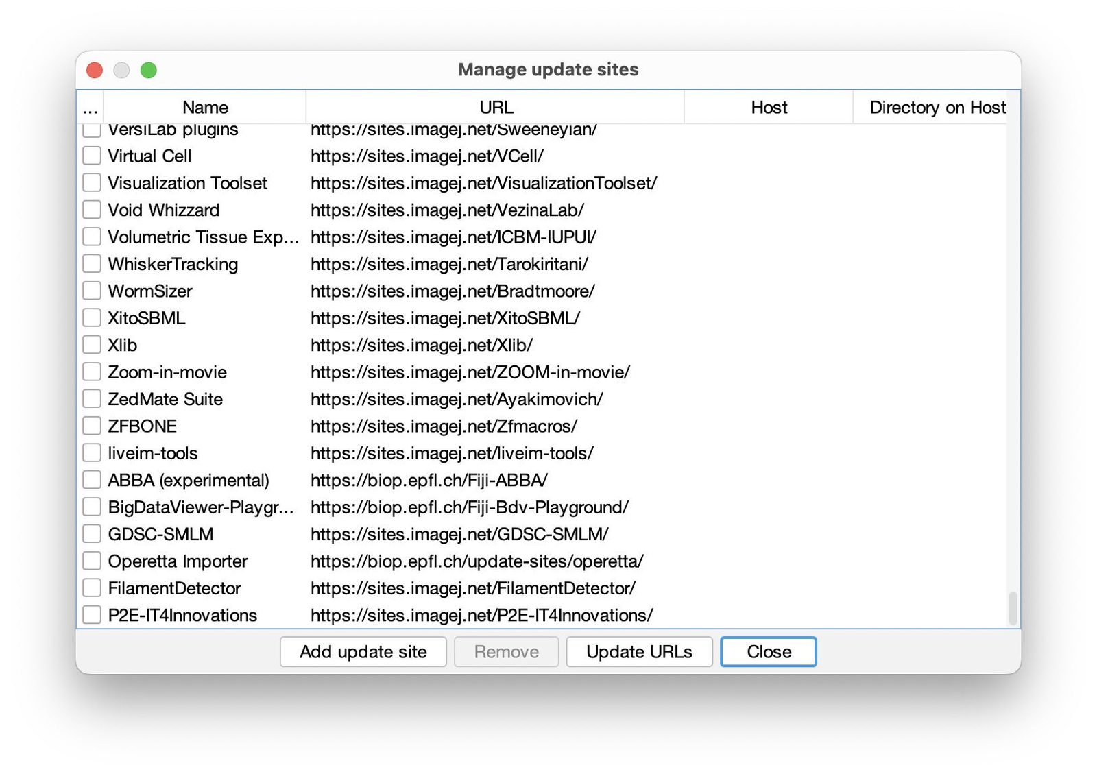 The Manage update sites dialog. img