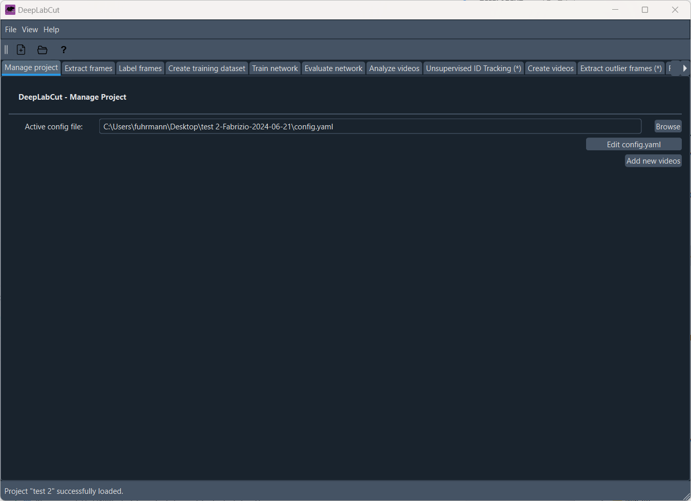The 'Manage project' tab of the DeepLabCut GUI.