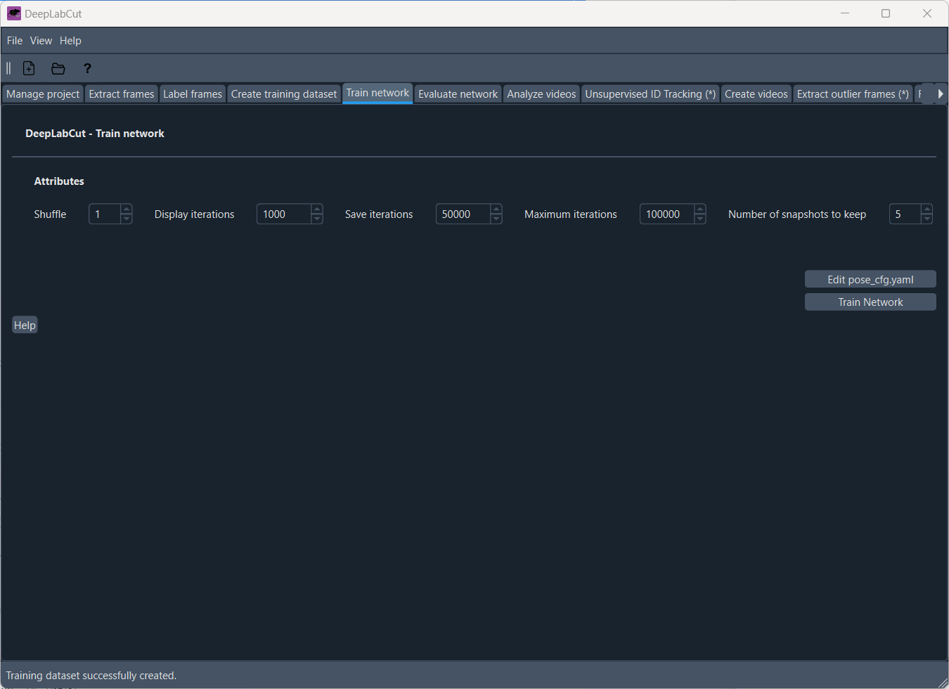 The 'Train network' tab.