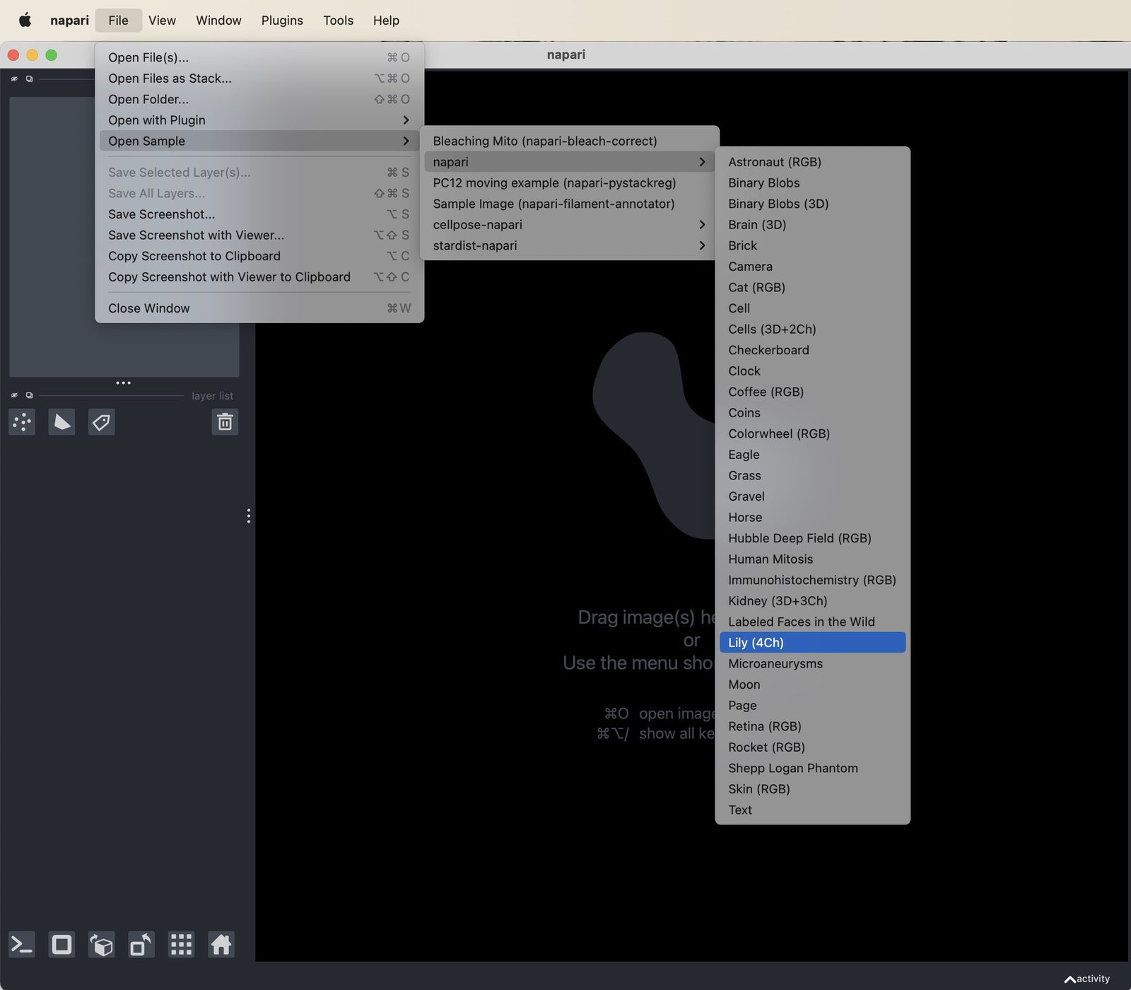 Loading sample images in Napari via the File menu. png