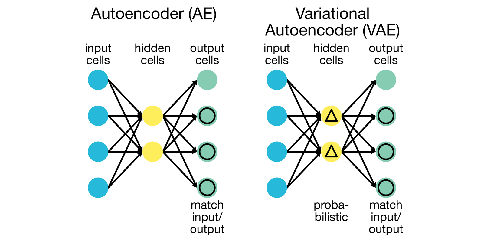 A simple default Autoencoder (AE, left) and a Variational Autoencoder (VAE, right).