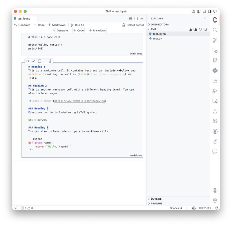 A code and a raw Markdown cell in VS Code Jupyter notebook.