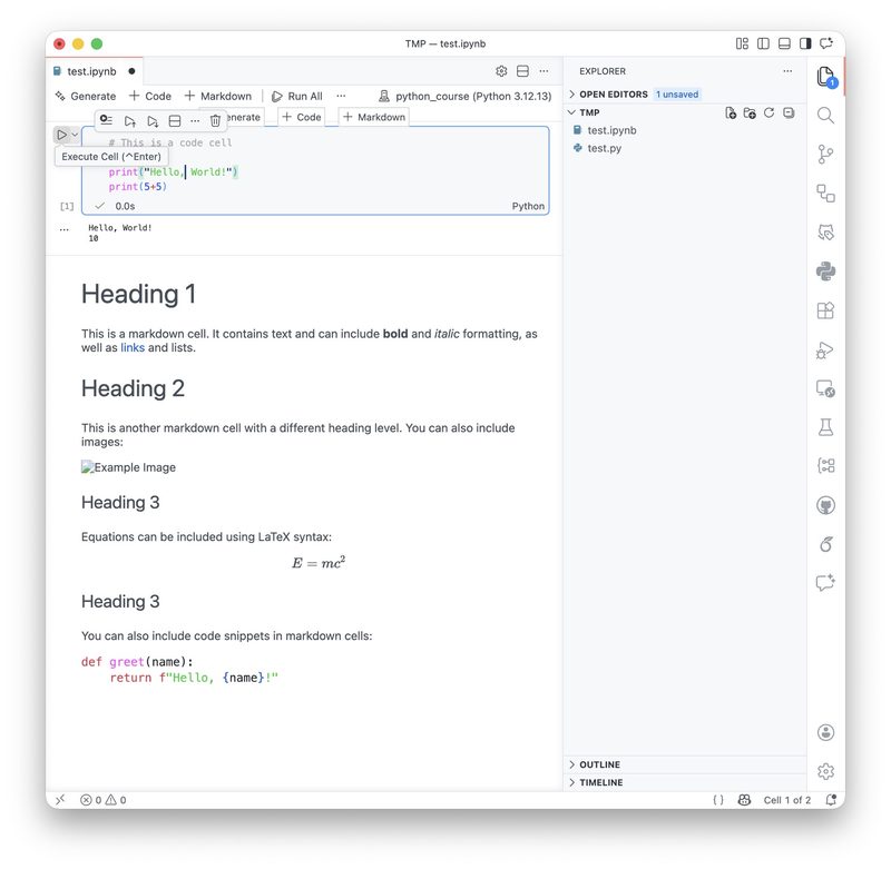 A code and a raw Markdown cell in VS Code Jupyter notebook.
